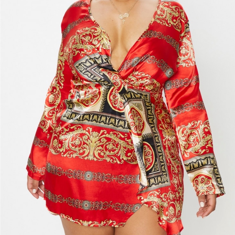 Red and Gold Wrap Dress
